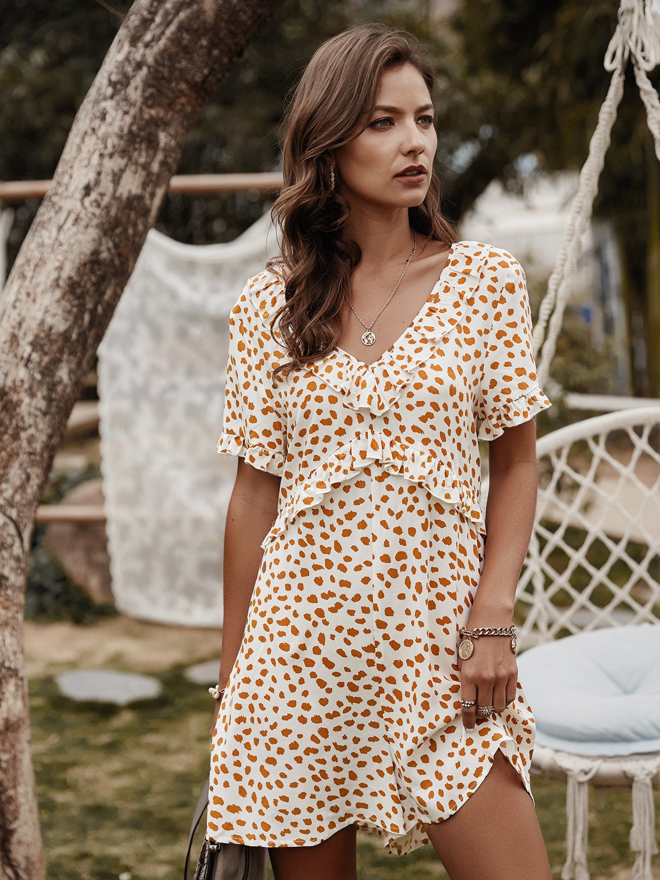 V-neck Printed Floral Jumpsuit Lotus Sleeve Rompers