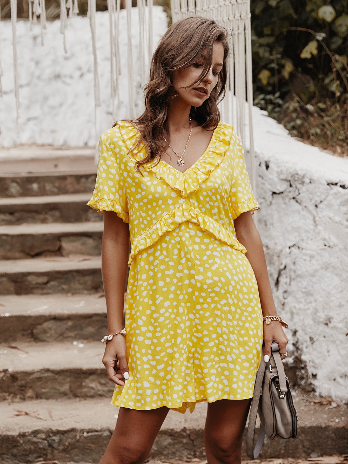 V-neck Printed Floral Jumpsuit Lotus Sleeve Rompers