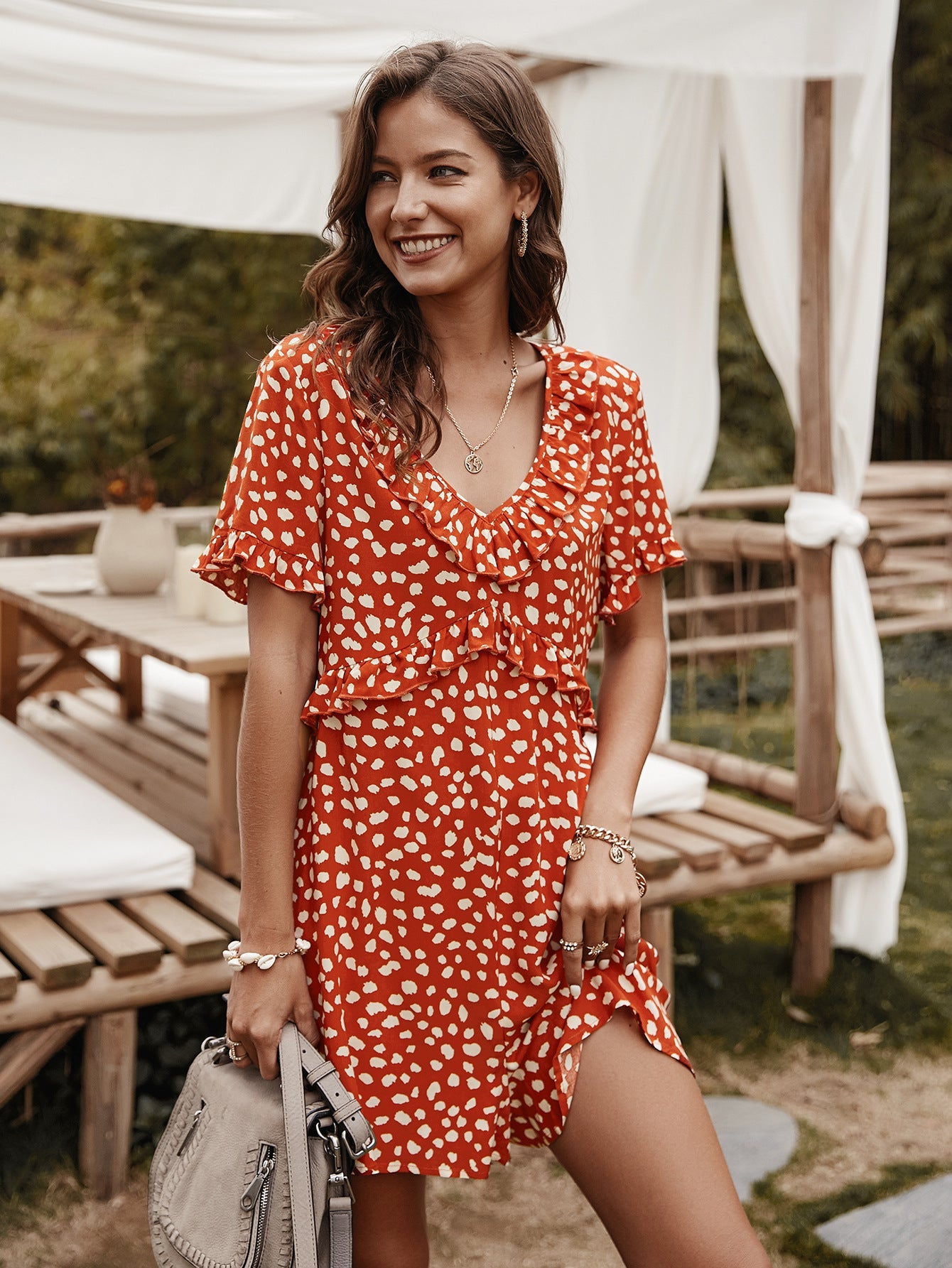 V-neck Printed Floral Jumpsuit Lotus Sleeve Rompers