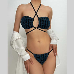 Contrast textured halter o ring self tie bikini swimwear
