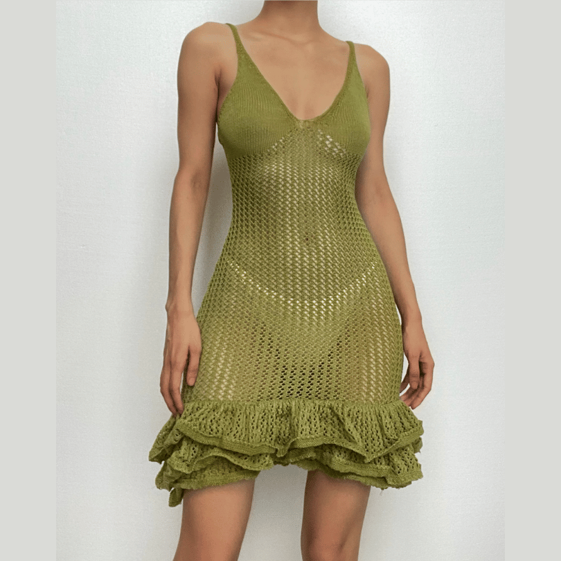 Crochet v neck sleeveless hollow out ruffle mini dress