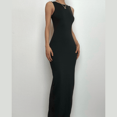 Sleeveless round neck solid backless slit midi dress