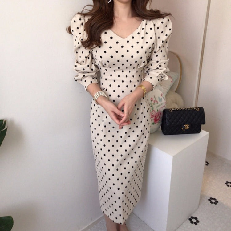 V-neck Corduroy Bodycon Polka Dot Lace-up Midi Dresses