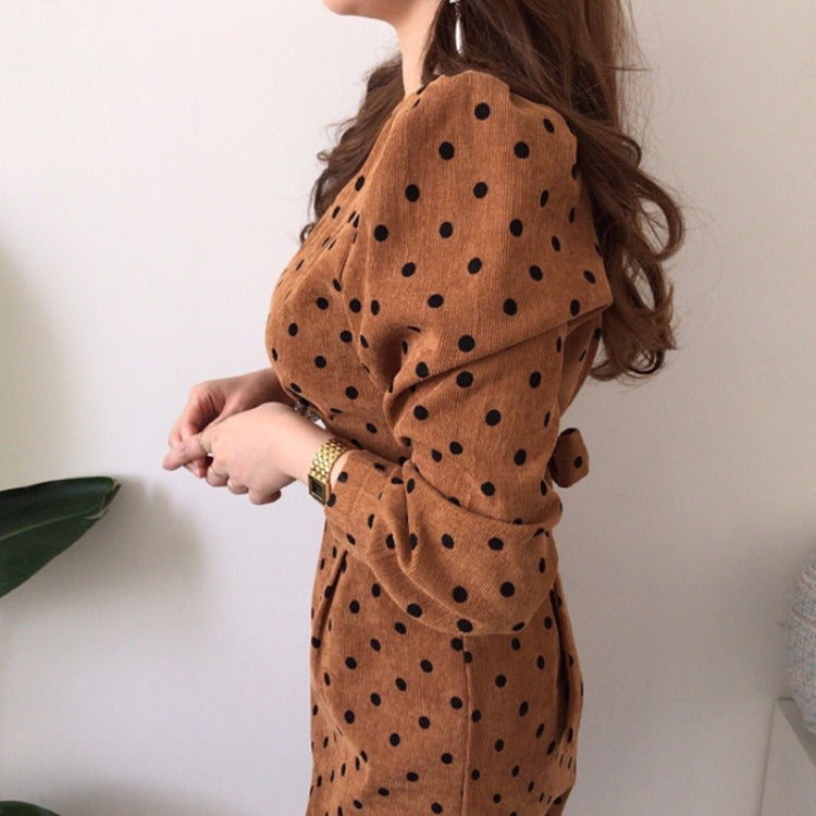 V-neck Corduroy Bodycon Polka Dot Lace-up Midi Dresses