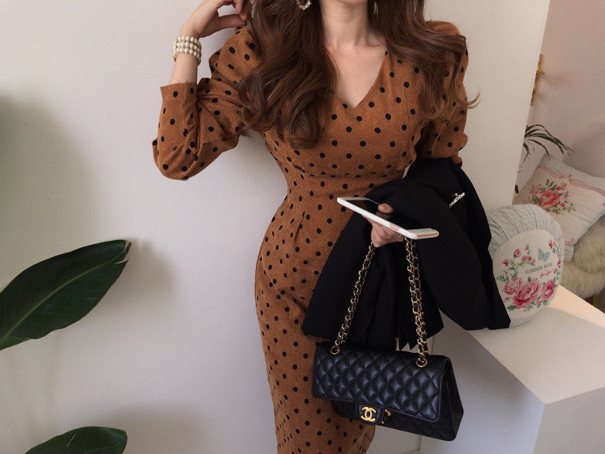 V-neck Corduroy Bodycon Polka Dot Lace-up Midi Dresses