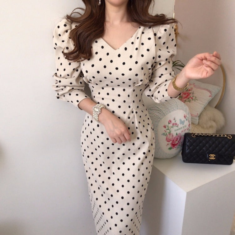 V-neck Corduroy Bodycon Polka Dot Lace-up Midi Dresses