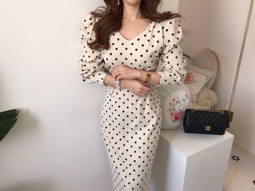 V-neck Corduroy Bodycon Polka Dot Lace-up Midi Dresses