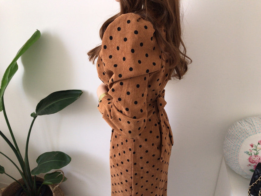 V-neck Corduroy Bodycon Polka Dot Lace-up Midi Dresses