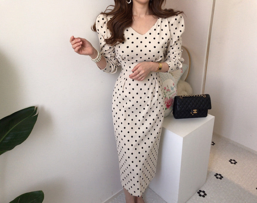 V-neck Corduroy Bodycon Polka Dot Lace-up Midi Dresses