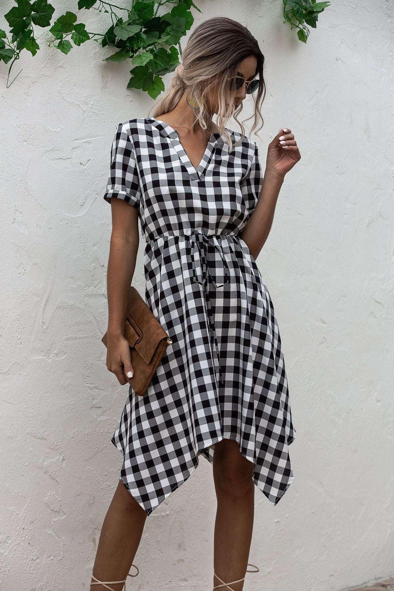 V-neck Plaid Irregular Hem Mini Dresses