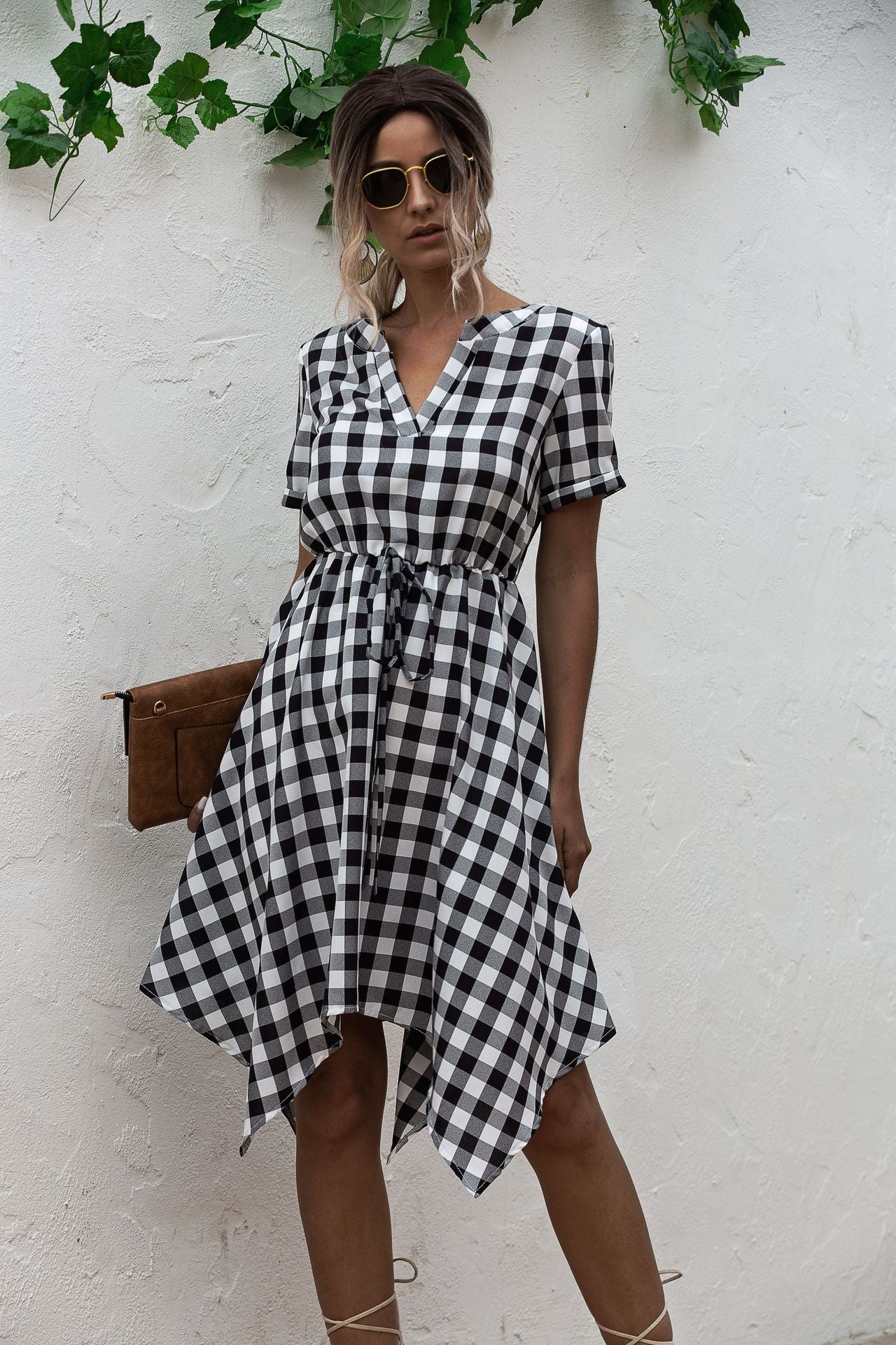 V-neck Plaid Irregular Hem Mini Dresses