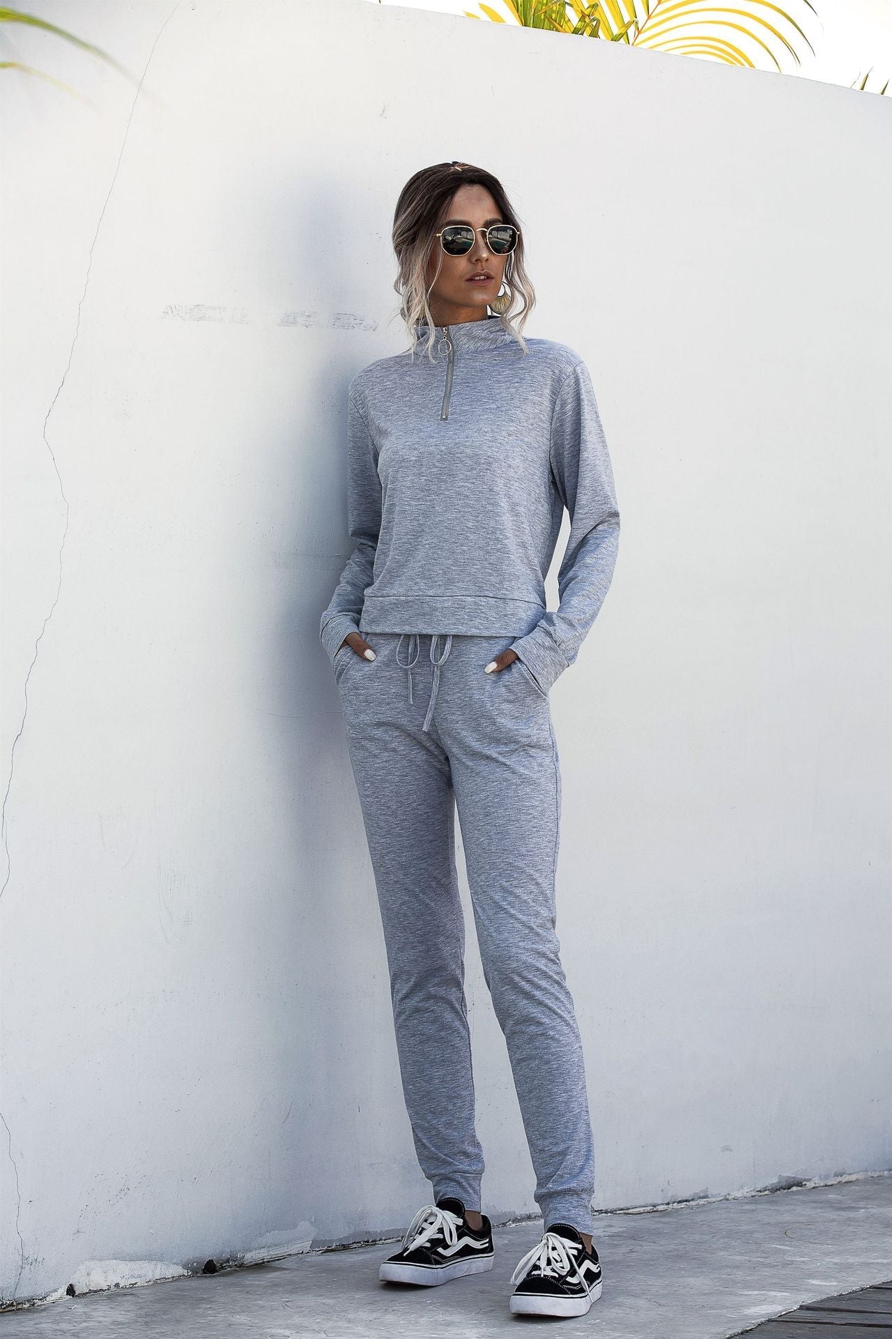 Stand Collar Zipper Two-piece Sports Suit Lace-up Pant