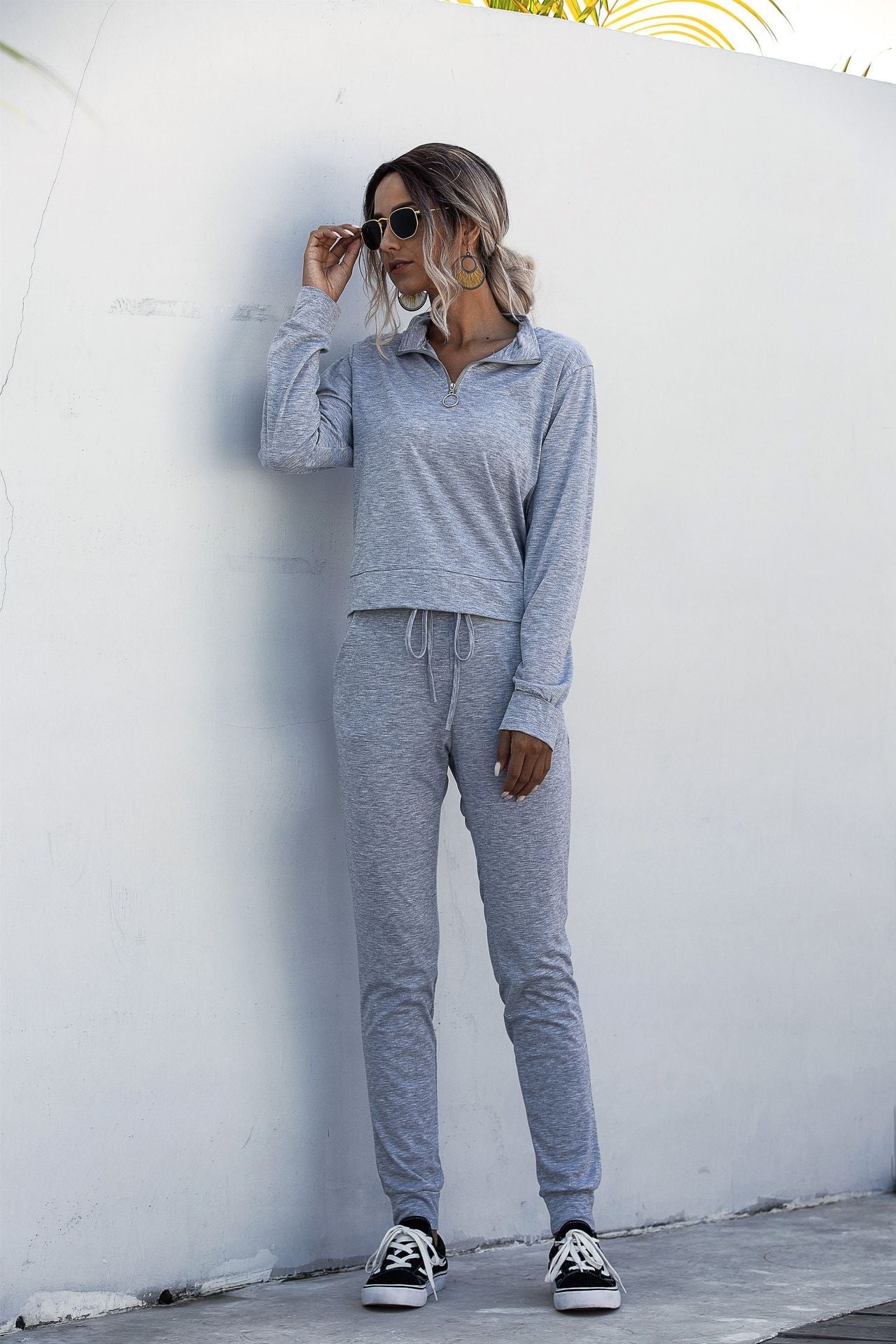 Stand Collar Zipper Two-piece Sports Suit Lace-up Pant