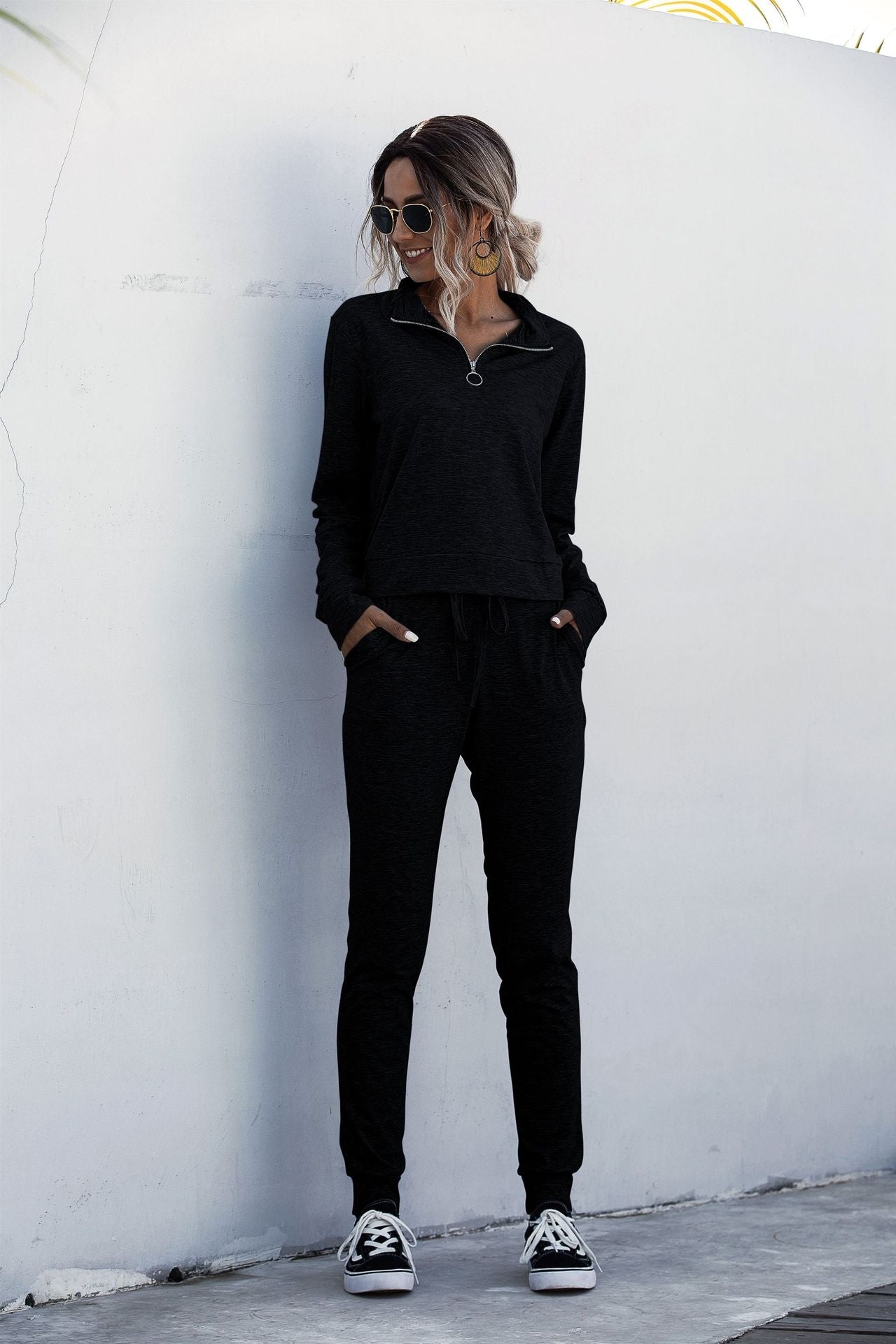 Stand Collar Zipper Two-piece Sports Suit Lace-up Pant