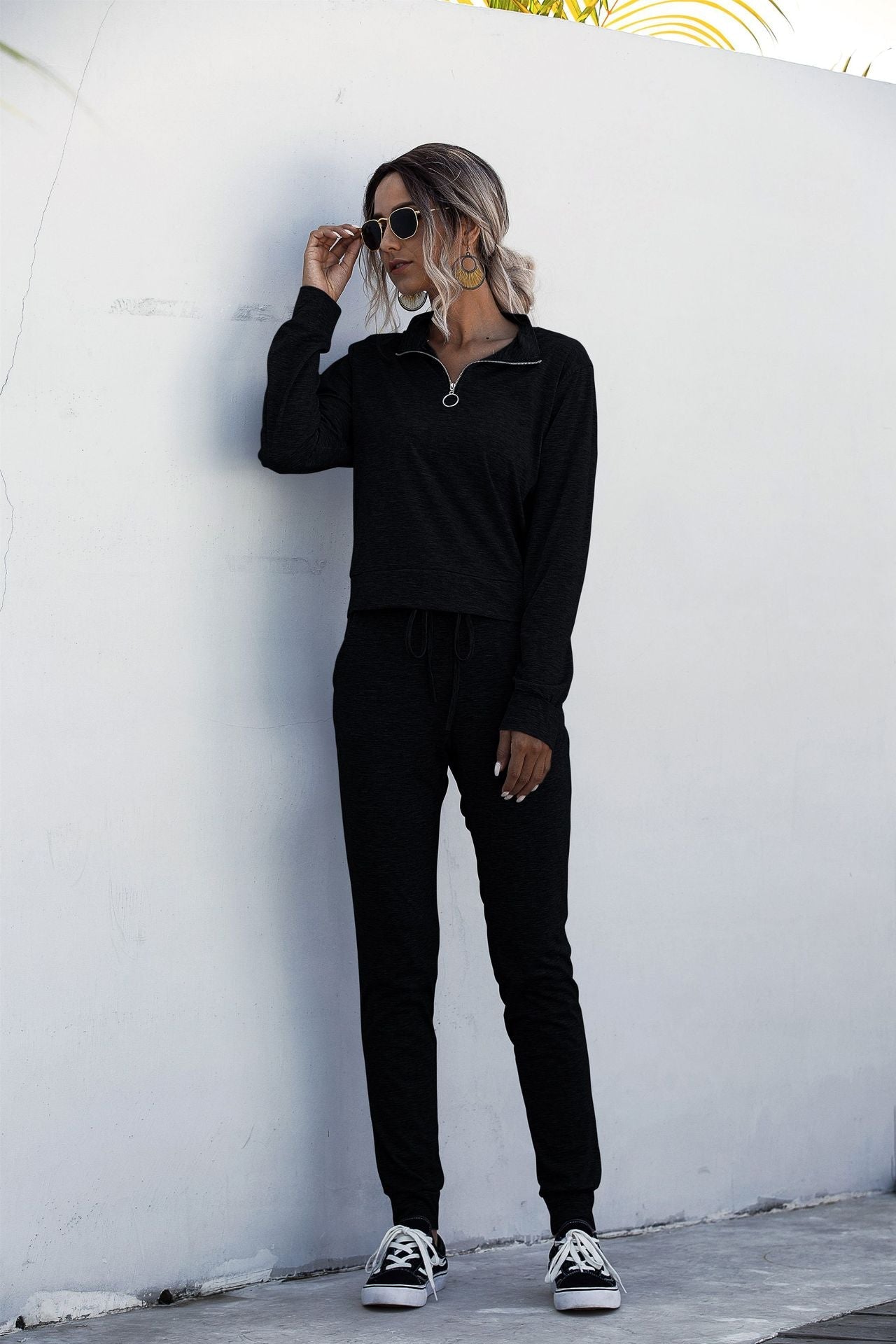 Stand Collar Zipper Two-piece Sports Suit Lace-up Pant