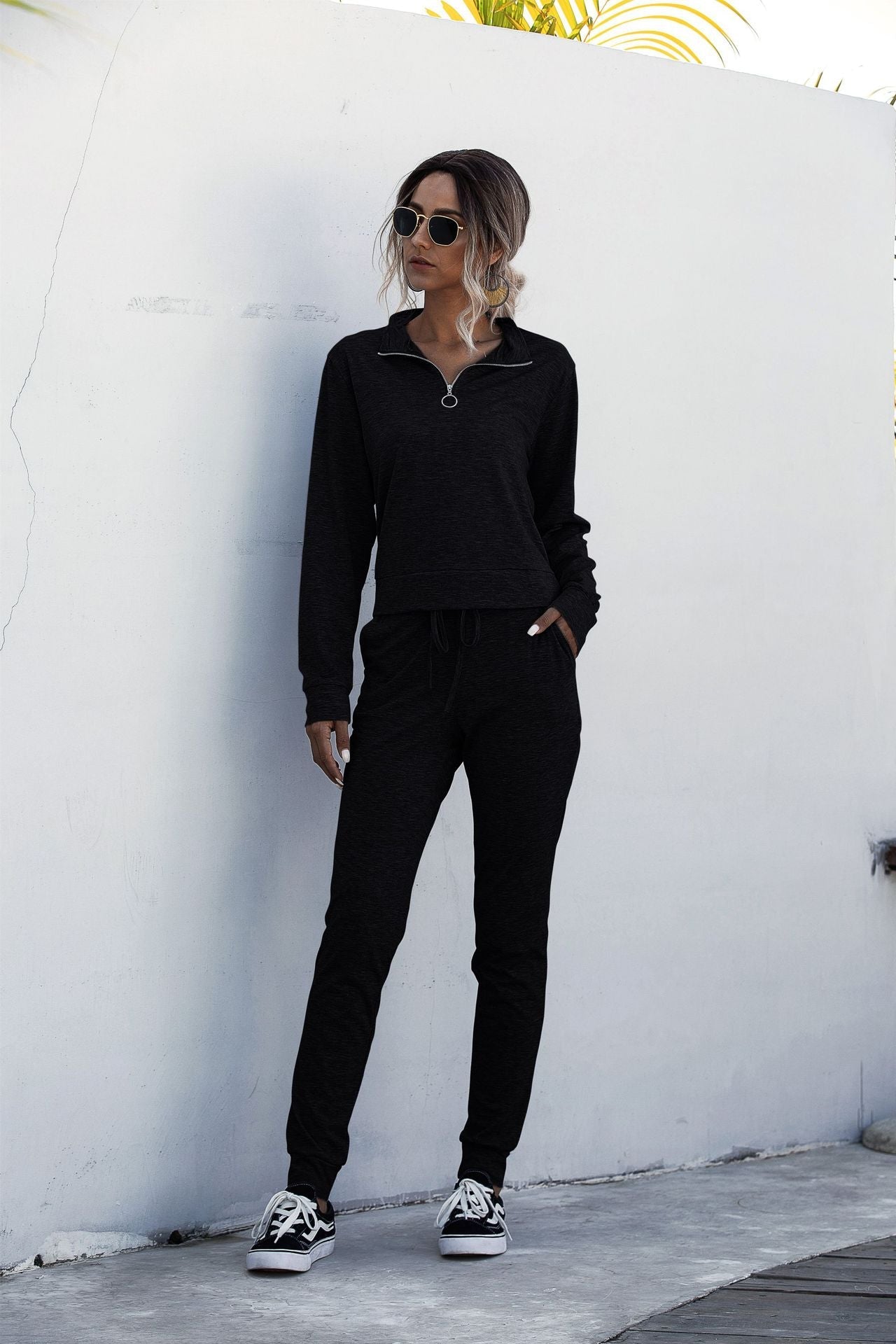 Stand Collar Zipper Two-piece Sports Suit Lace-up Pant