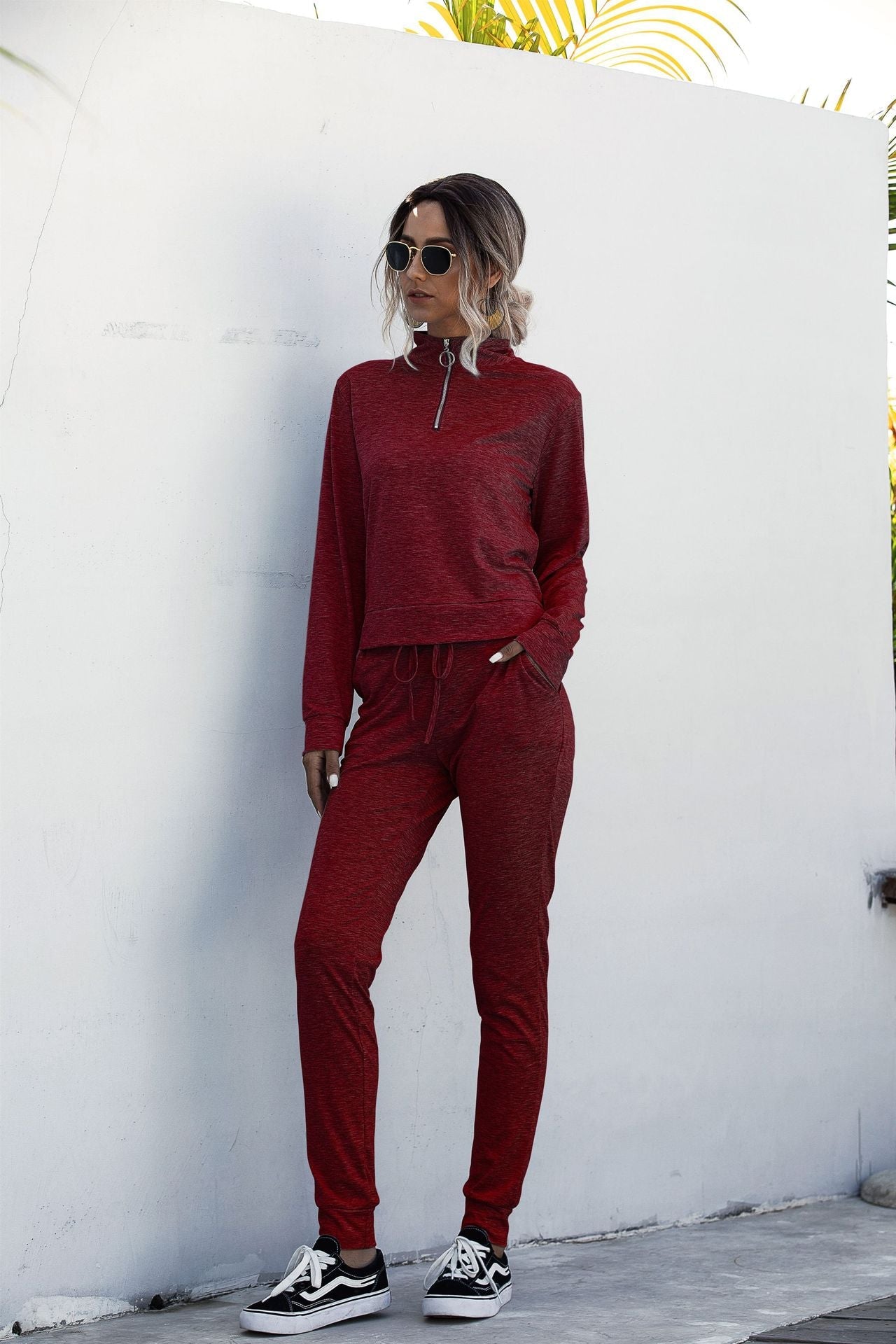 Stand Collar Zipper Two-piece Sports Suit Lace-up Pant