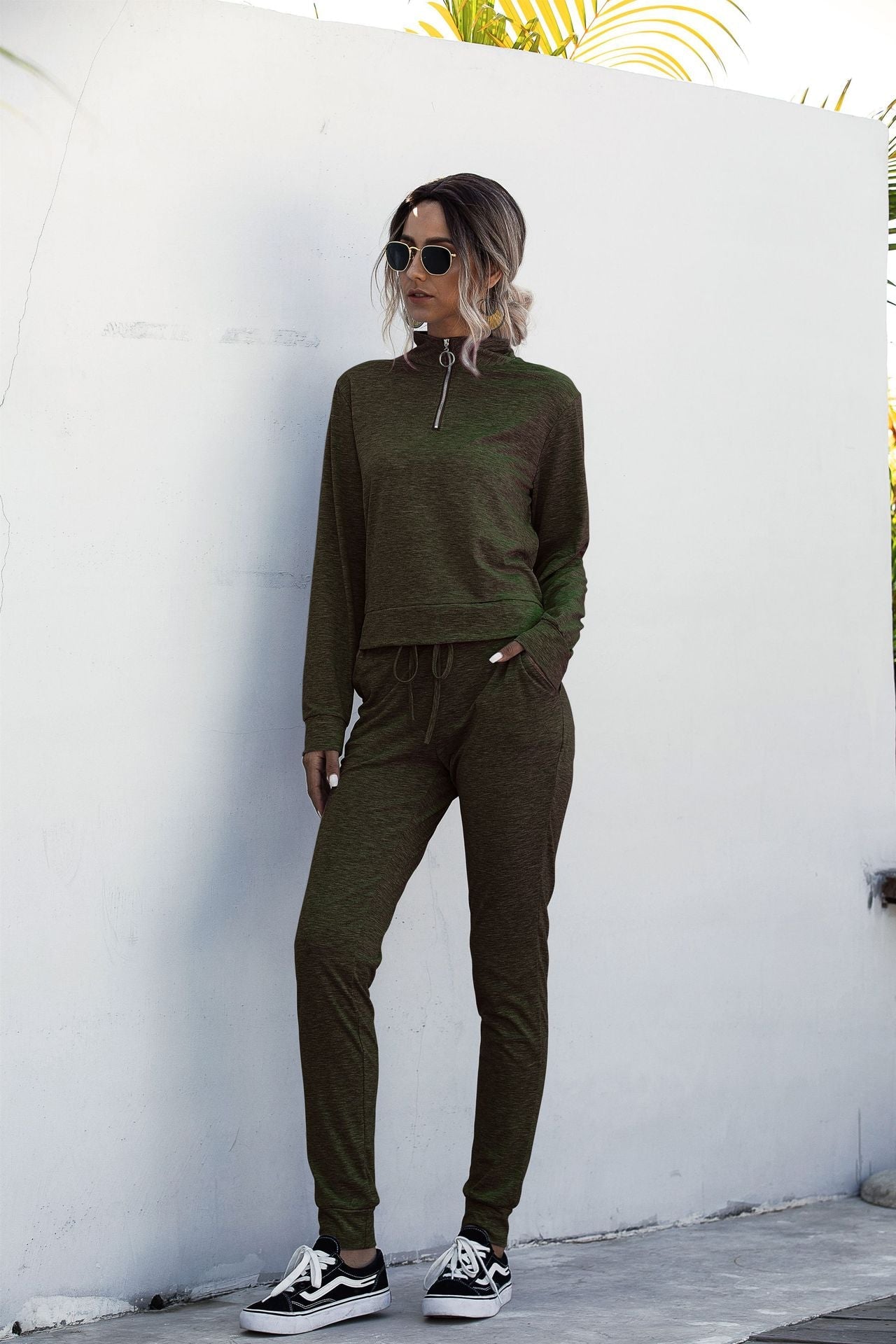 Stand Collar Zipper Two-piece Sports Suit Lace-up Pant