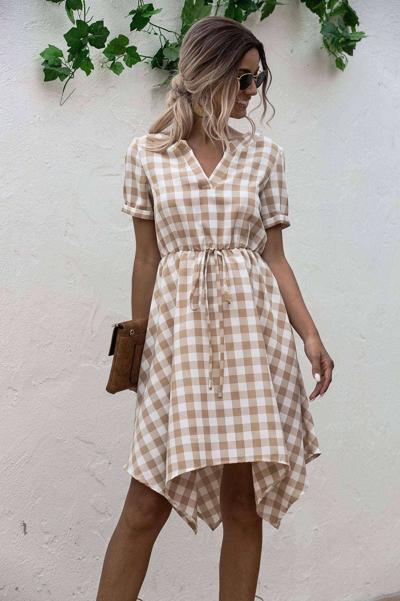 V-neck Plaid Irregular Hem Mini Dresses