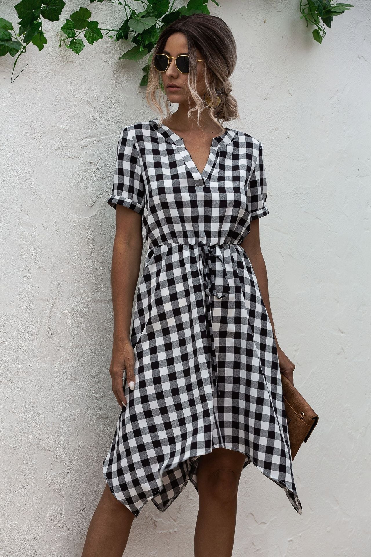 V-neck Plaid Irregular Hem Mini Dresses