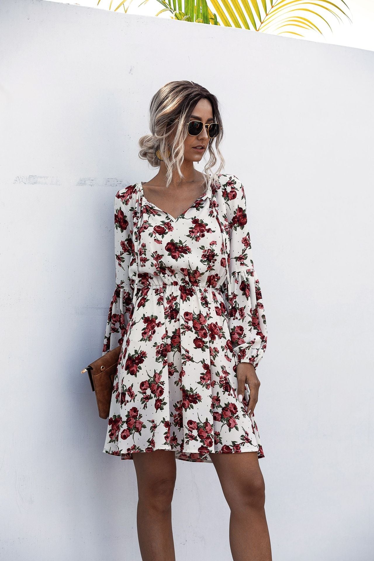 V-neck Lace-up Polka Dot Bubble Lantern Sleeve Flower Dress