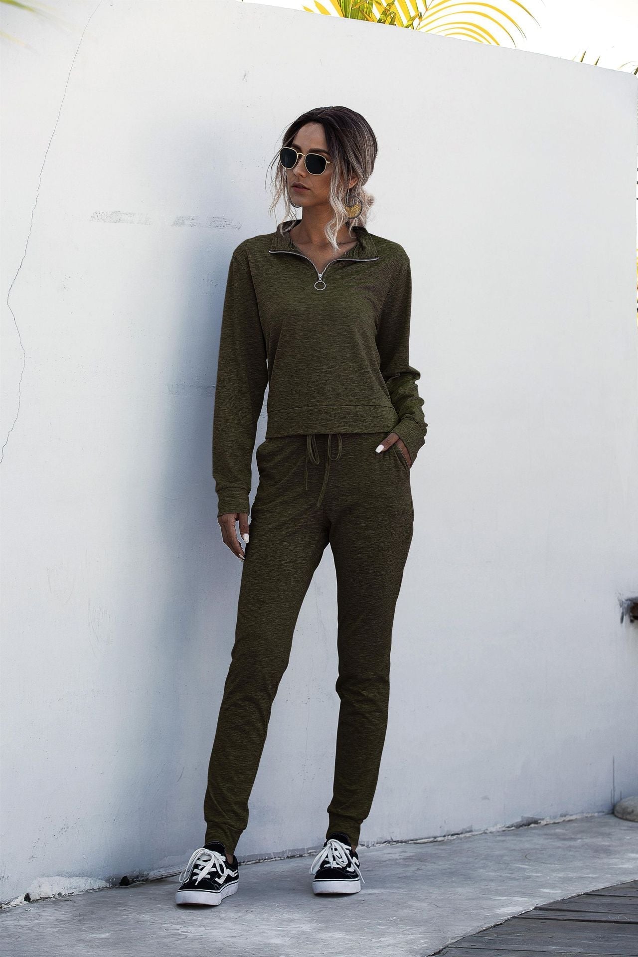 Stand Collar Zipper Two-piece Sports Suit Lace-up Pant