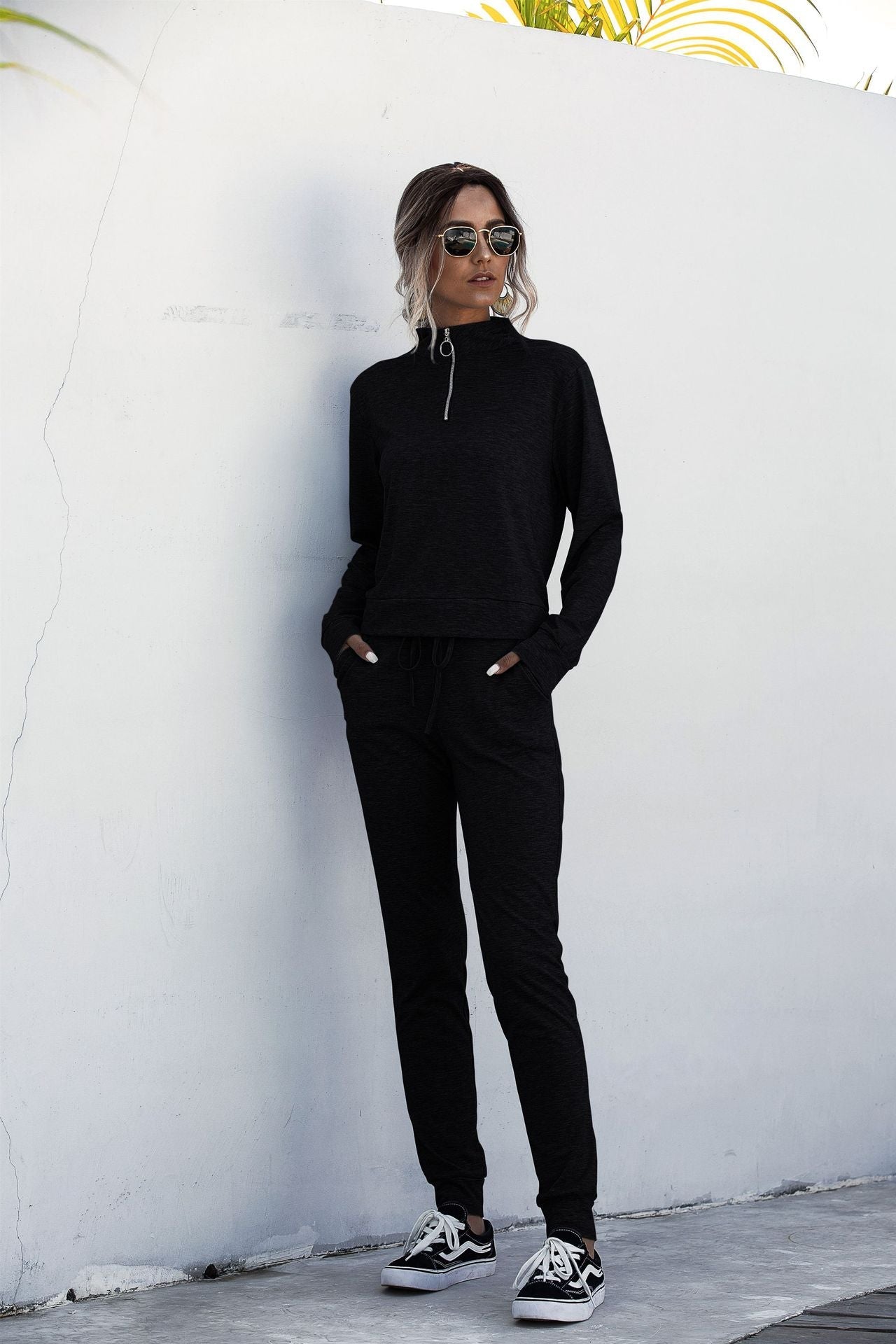 Stand Collar Zipper Two-piece Sports Suit Lace-up Pant