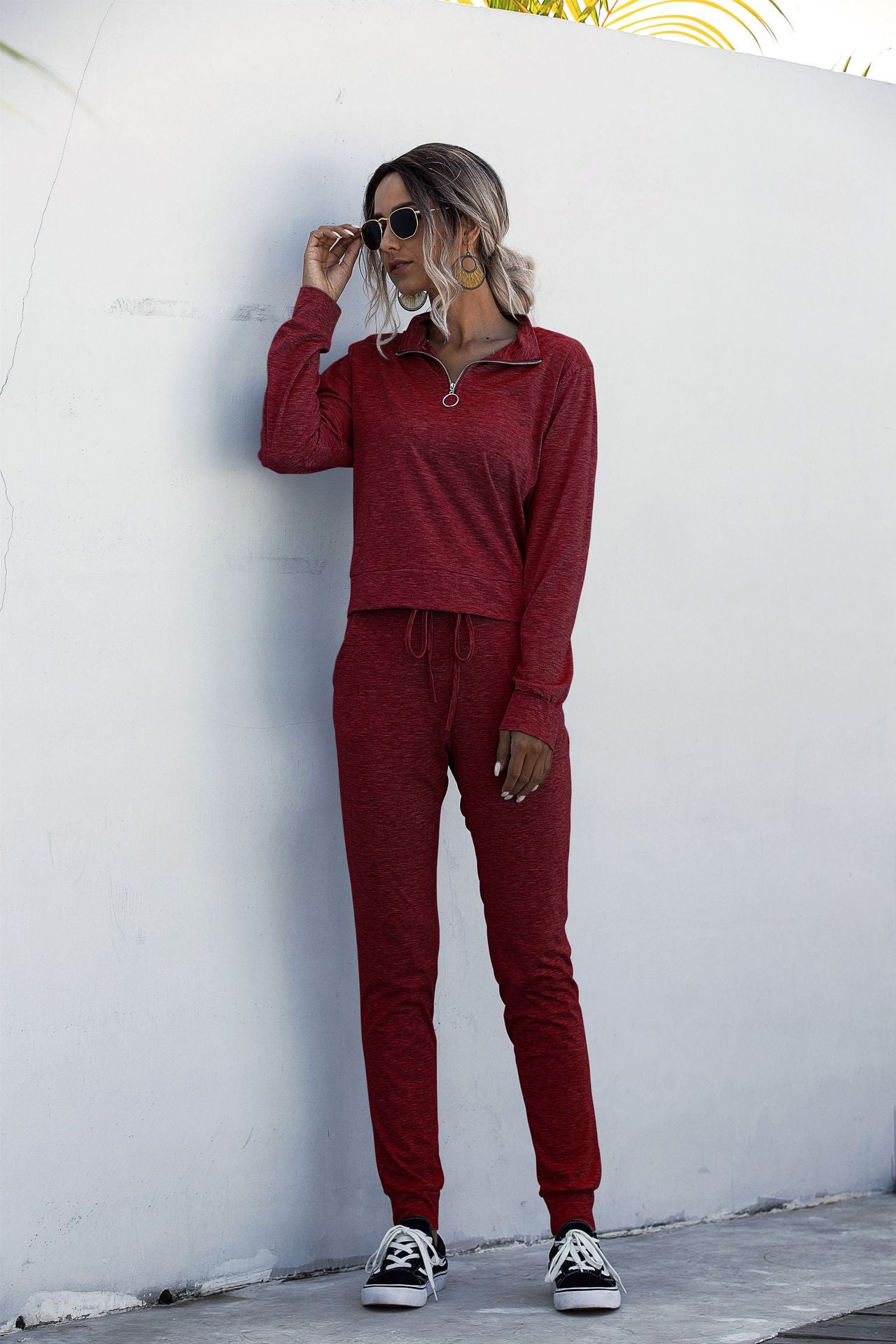 Stand Collar Zipper Two-piece Sports Suit Lace-up Pant