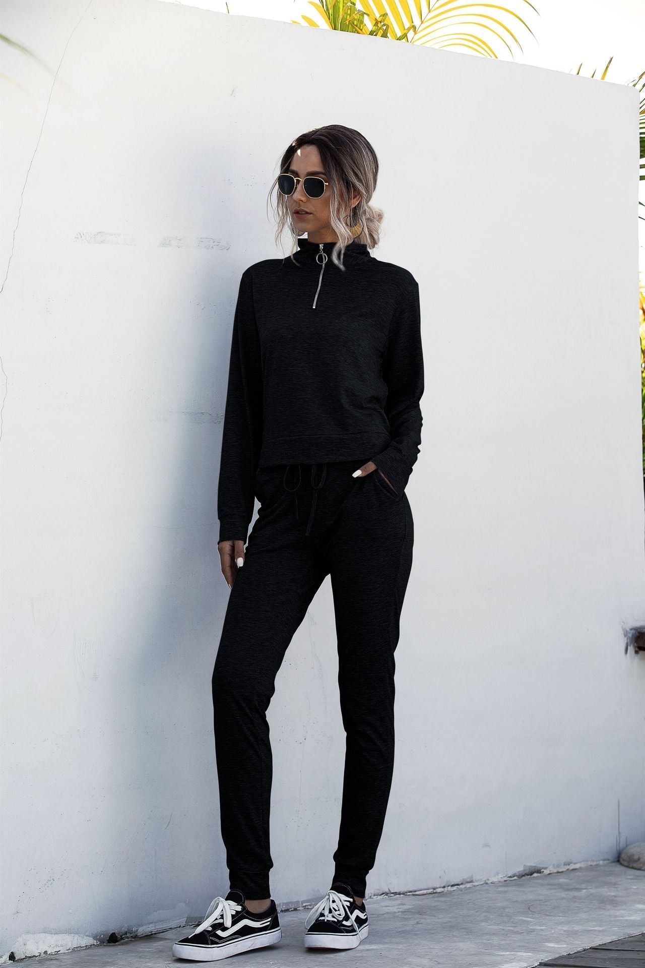 Stand Collar Zipper Two-piece Sports Suit Lace-up Pant