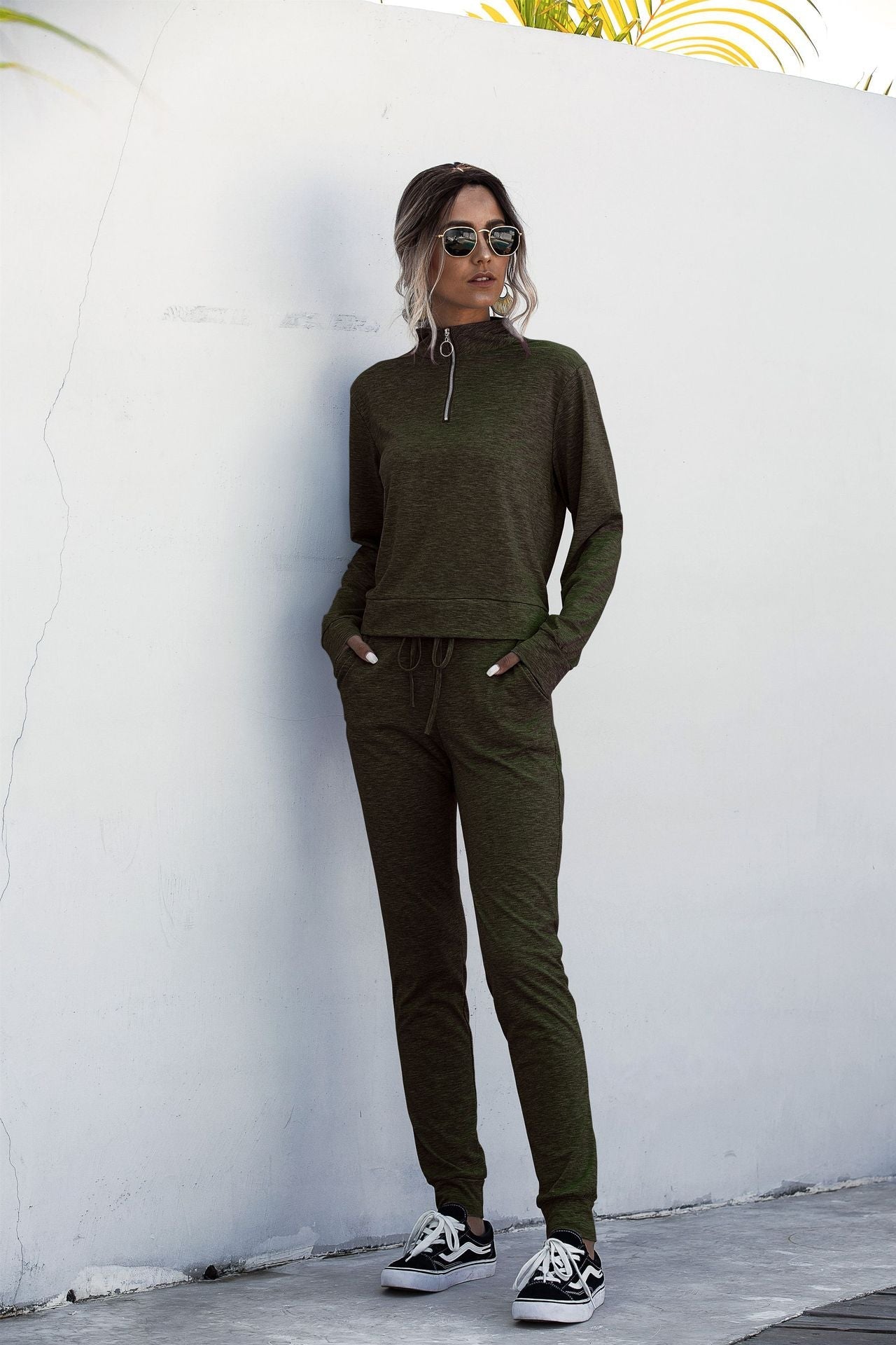 Stand Collar Zipper Two-piece Sports Suit Lace-up Pant