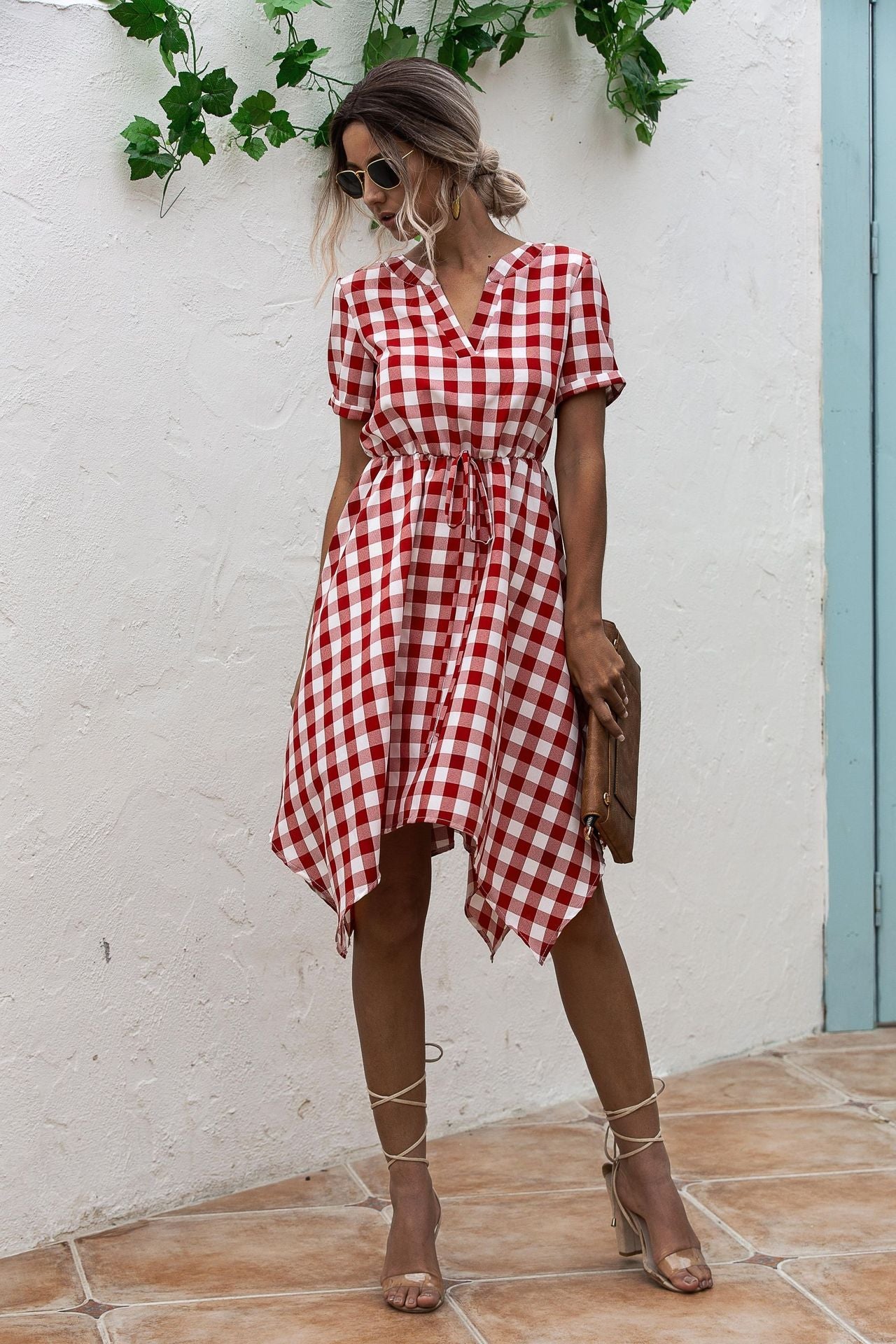 V-neck Plaid Irregular Hem Mini Dresses