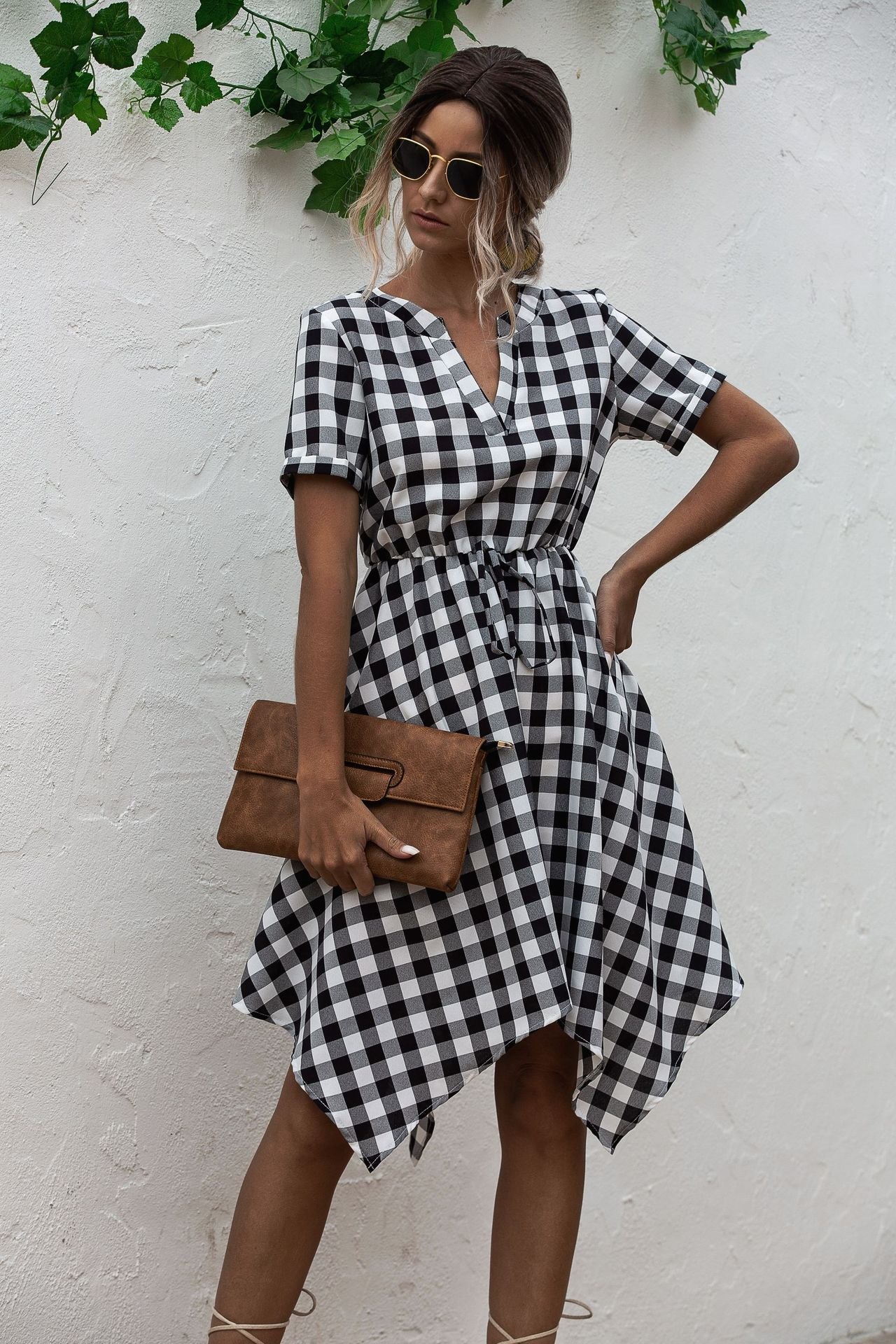 V-neck Plaid Irregular Hem Mini Dresses