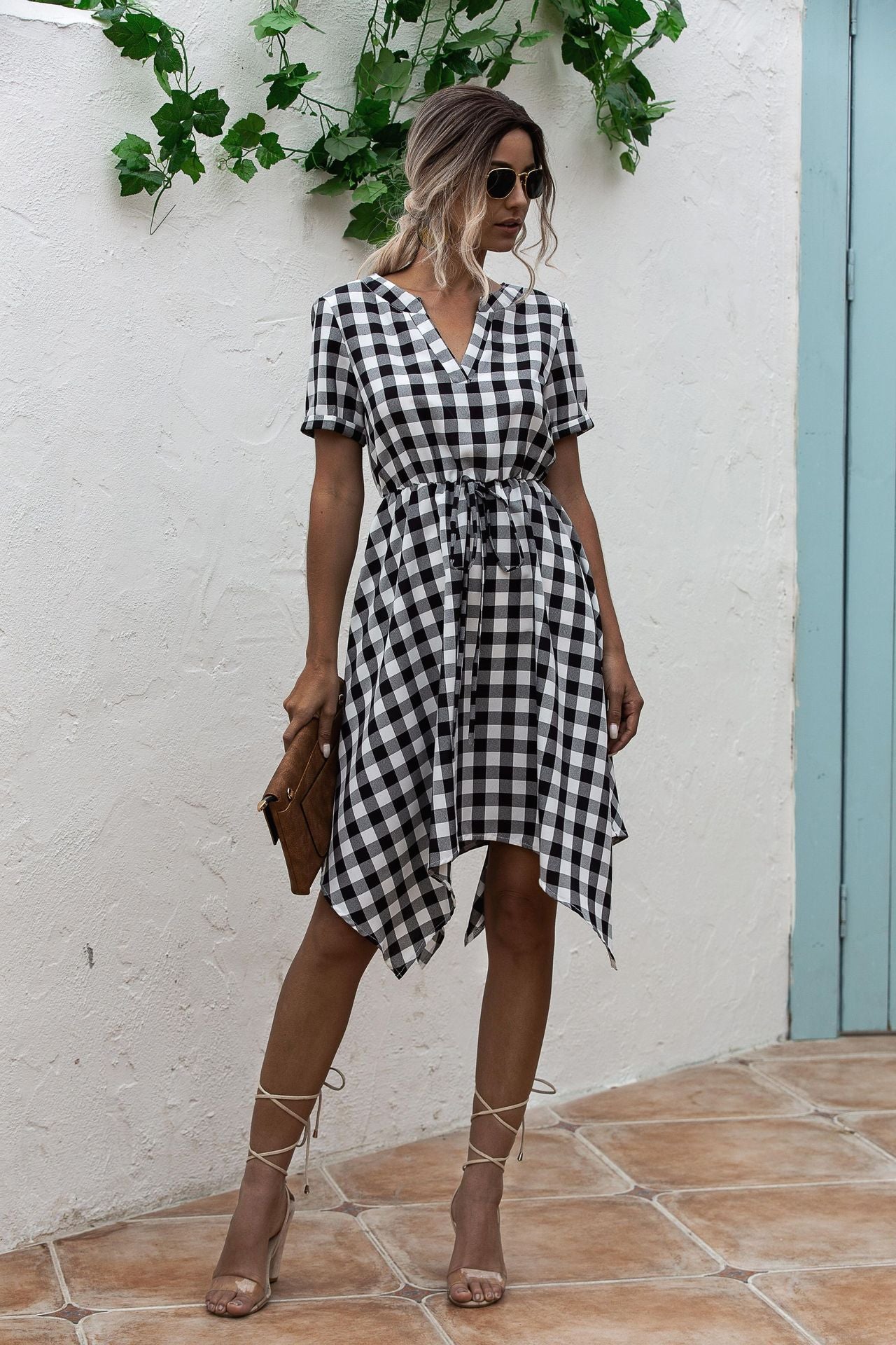 V-neck Plaid Irregular Hem Mini Dresses