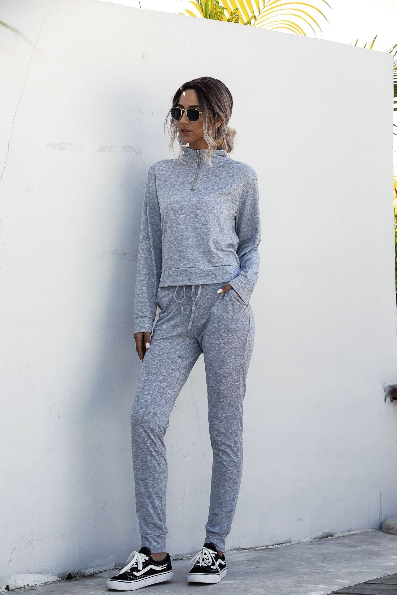Stand Collar Zipper Two-piece Sports Suit Lace-up Pant