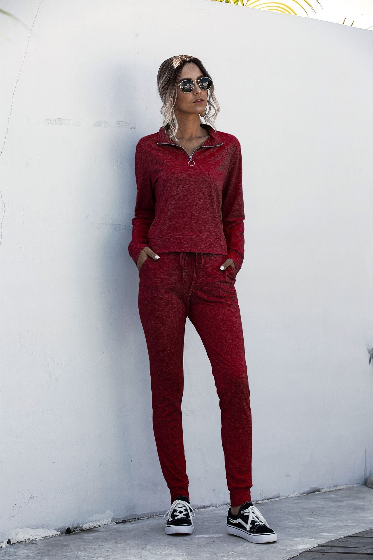 Stand Collar Zipper Two-piece Sports Suit Lace-up Pant