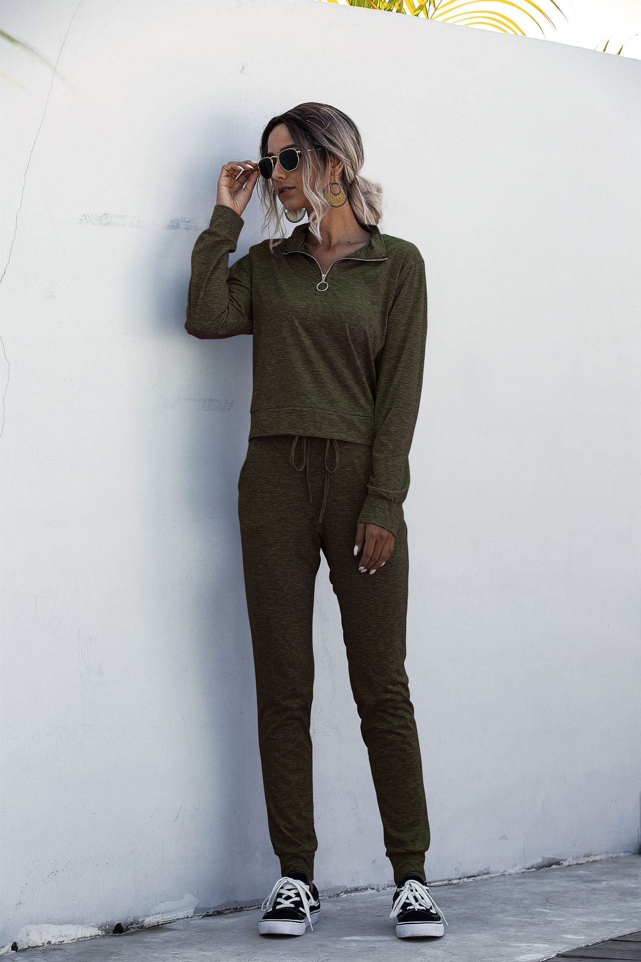 Stand Collar Zipper Two-piece Sports Suit Lace-up Pant