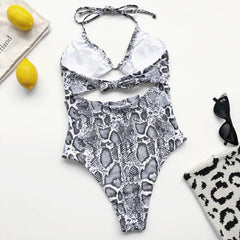 Strappy Swimwear Snake Print One-piece Lace-up Swimsuit