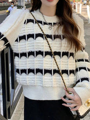 Contrast Color Jacquard Crew Neck Sweater