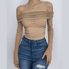 Sheer mesh see through off shoulder ruched long sleeve top