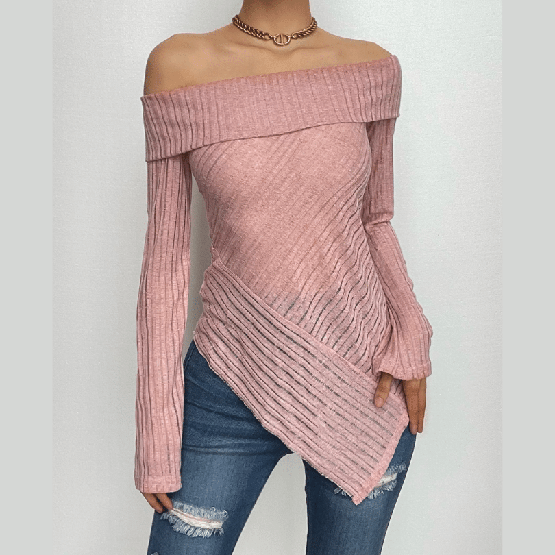 Off shoulder long sleeve textured irregular solid top