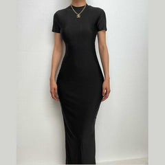 Short sleeve high neck slit solid maxi dress