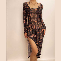 Sheer mesh see through contrast print halter long sleeve slit 2 piece midi dress