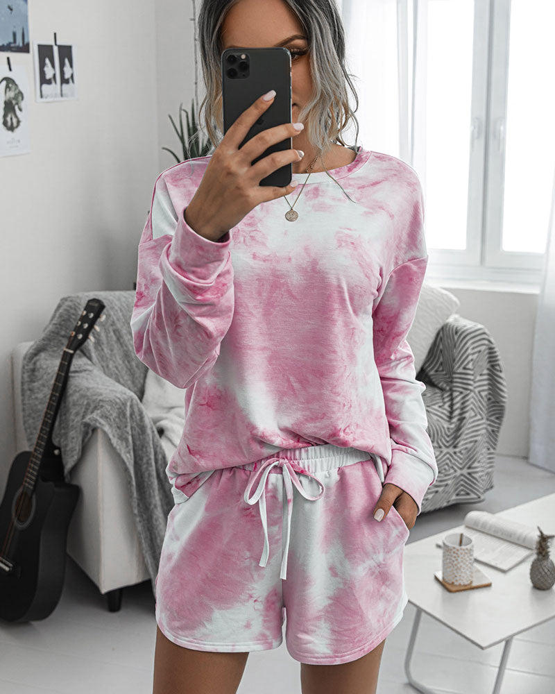 Tie-Dye Two-piece Cotton T-Shirt Lace-up Shorts Loungewear