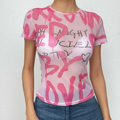 Short sleeve letter print contrast sheer mesh see through top