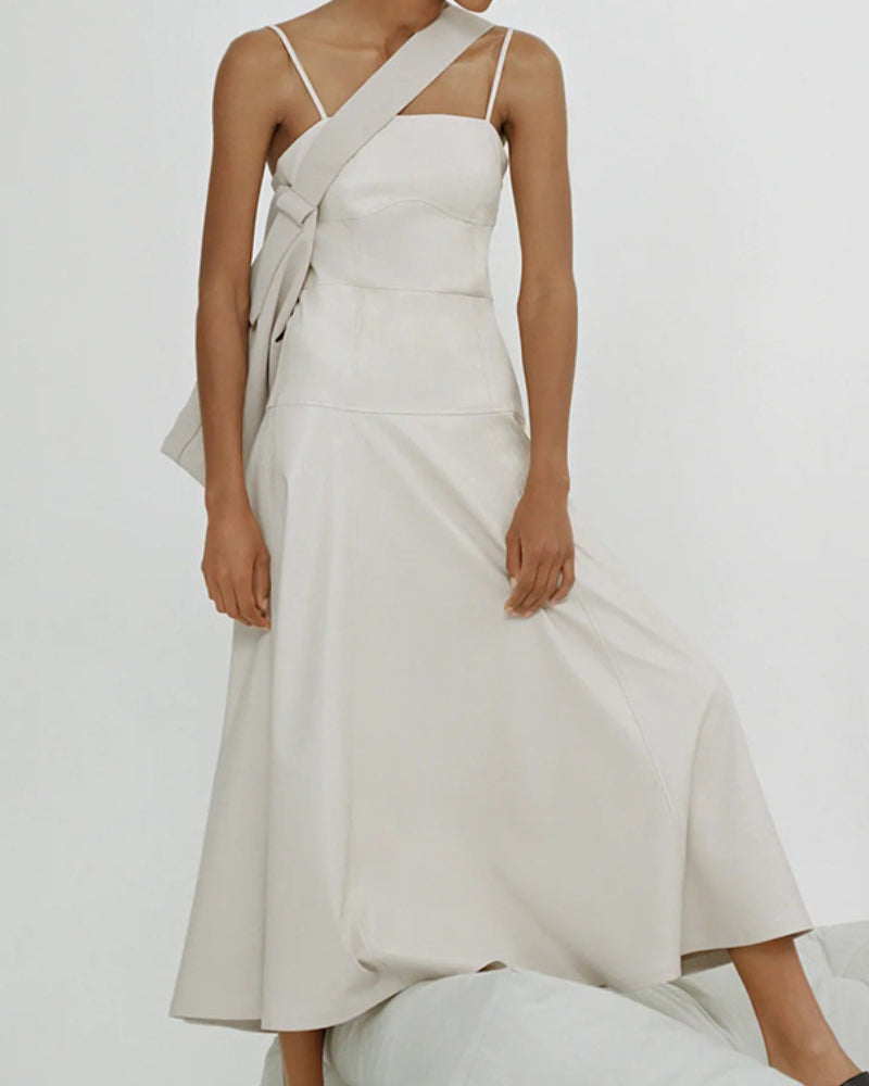 Suspenders Strapless Leather Cream Party Midi Dresses