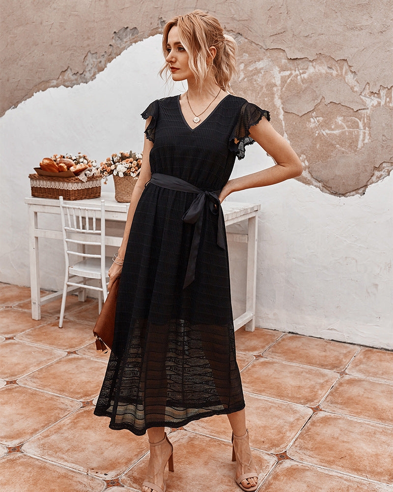 V-Neck Ruffles Sleeve Tie Waist Midi Dresses