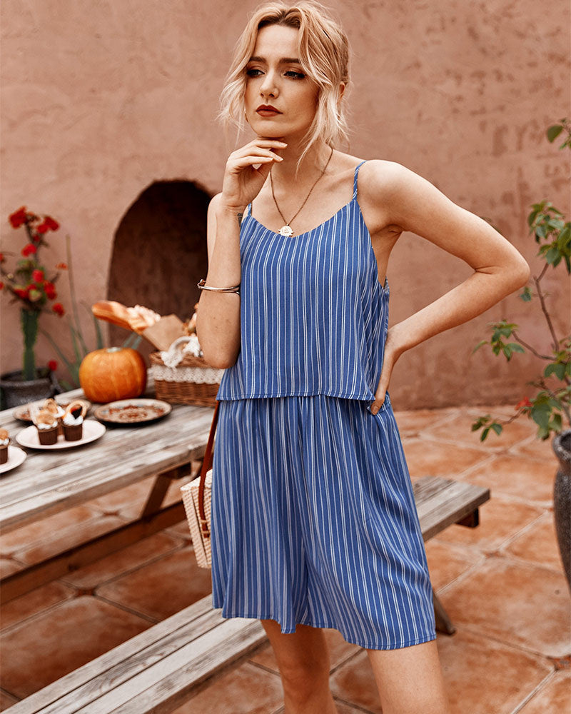 Striped Suspenders Jumpsuit Casual Shorts Rompers