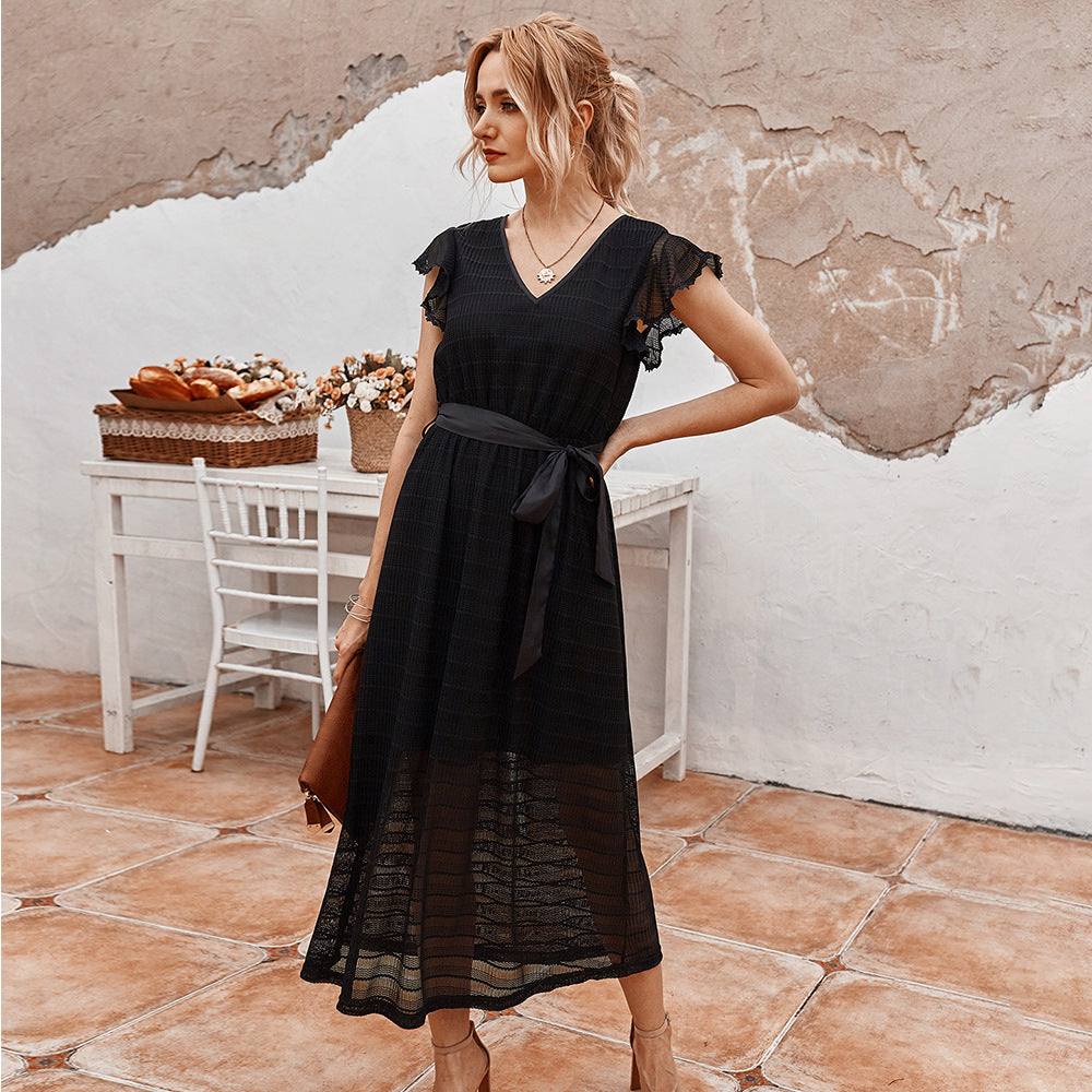 V-Neck Ruffles Sleeve Tie Waist Midi Dresses