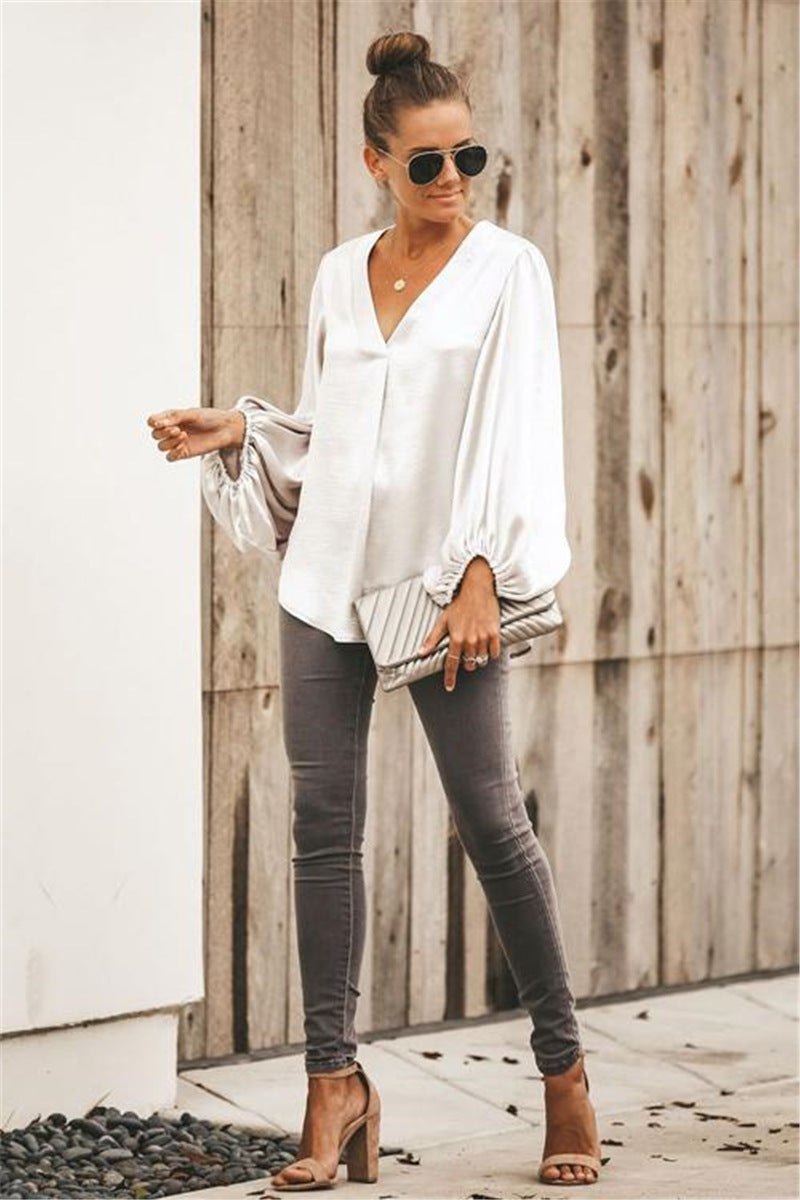 Women V Neck Lantern Sleeve Loose Shirt