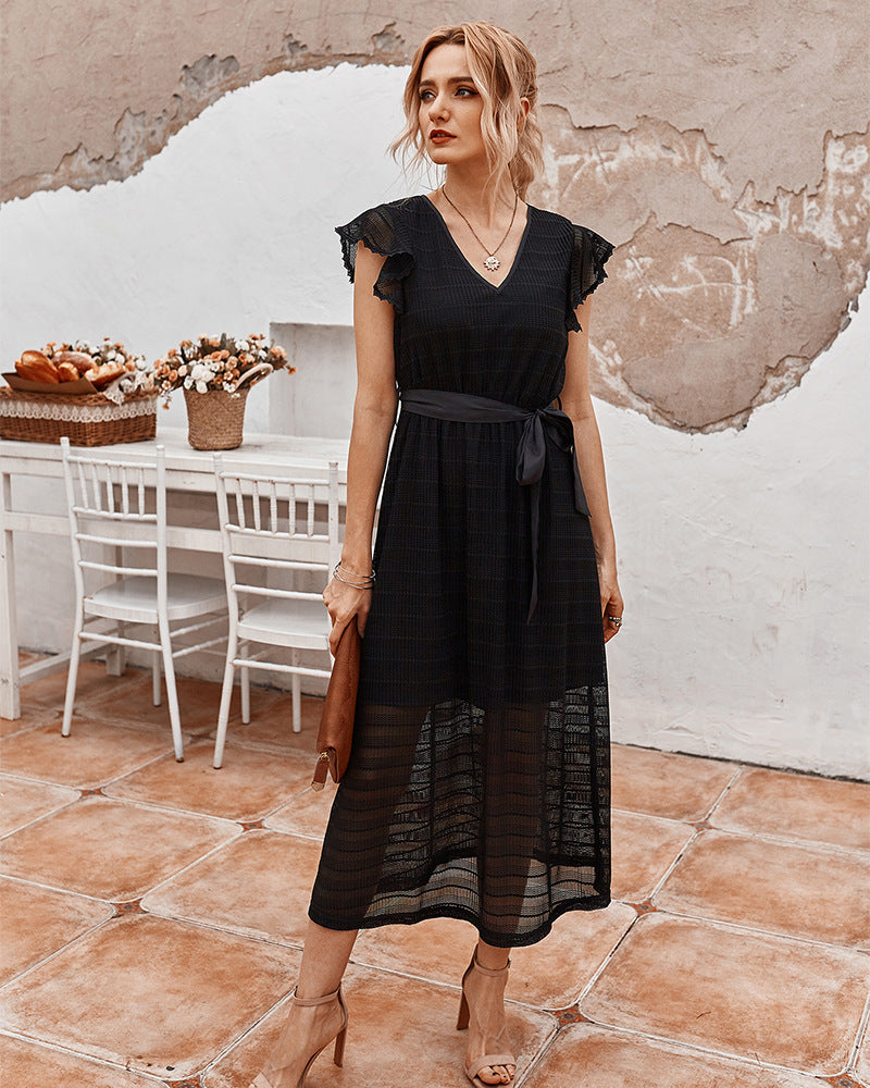 V-Neck Ruffles Sleeve Tie Waist Midi Dresses